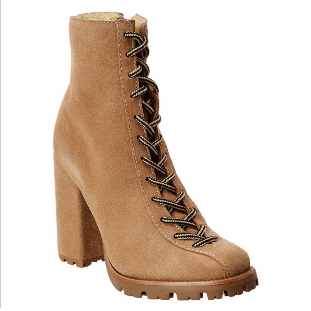 SCHULTZ Naian Sz 7.5 Sandstone Tan Suede Laceup Sherpa lined Ankle Boots Worn 1x